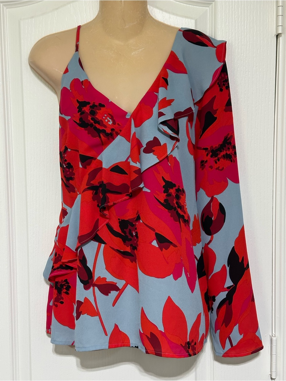 Belle Sky Floral One-Shoulder Blouse in Sky Blue & Red-Pink
